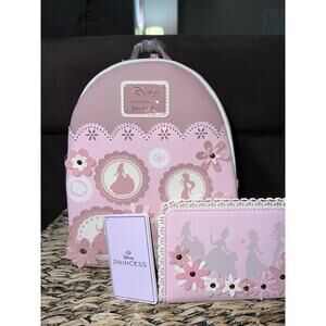 NWT Loungefly Princesses Silhouettes Lace Floral Pink Mini Backpack Wallet Set